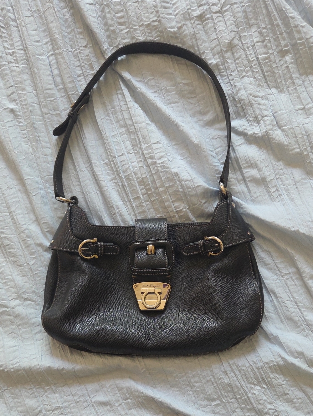 Salvatore Ferragamo Dark Brown Leather Shoulder Bag with Gold Hardware
